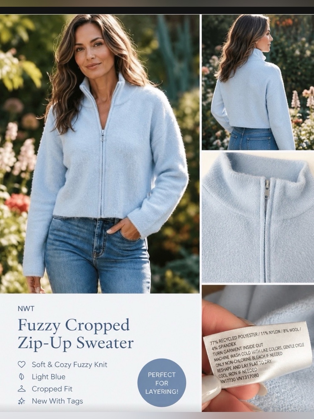 Wild Fable Fuzzy Cropped Zip-Up Sweater Light Blue Mock Neck NWT